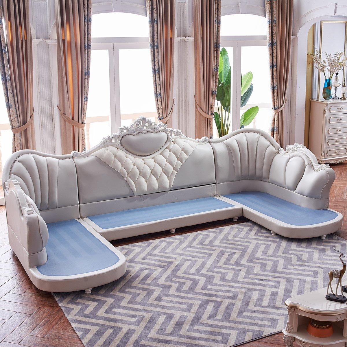 欧式布艺沙发组合客厅整装现代u型实木沙发奢华双贵妃位家具套装