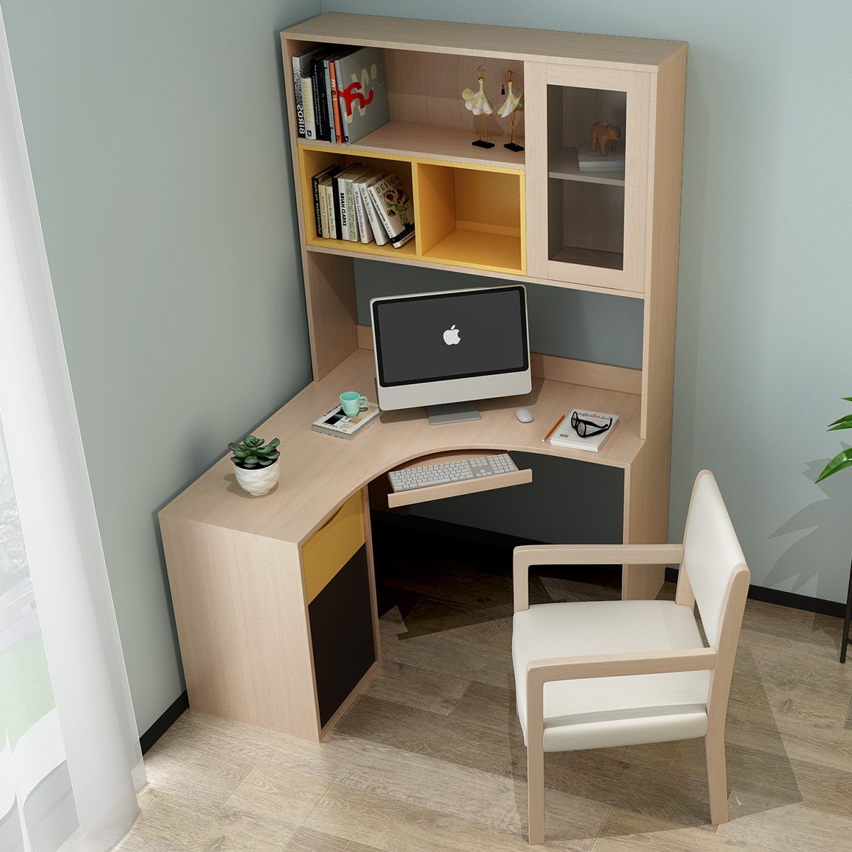 北欧电脑桌台式家用学生书架拐角写字台组合卧室转角书柜书桌一体