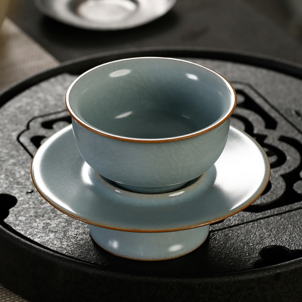 汝窑小茶杯主人杯汝瓷蝉翼纹金丝开片品茗杯陶瓷茶具单杯礼品