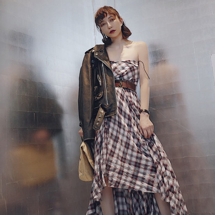 lamps阿水2018春装新款格子印花连衣裙抹胸吊带裙子女夏显瘦a字裙