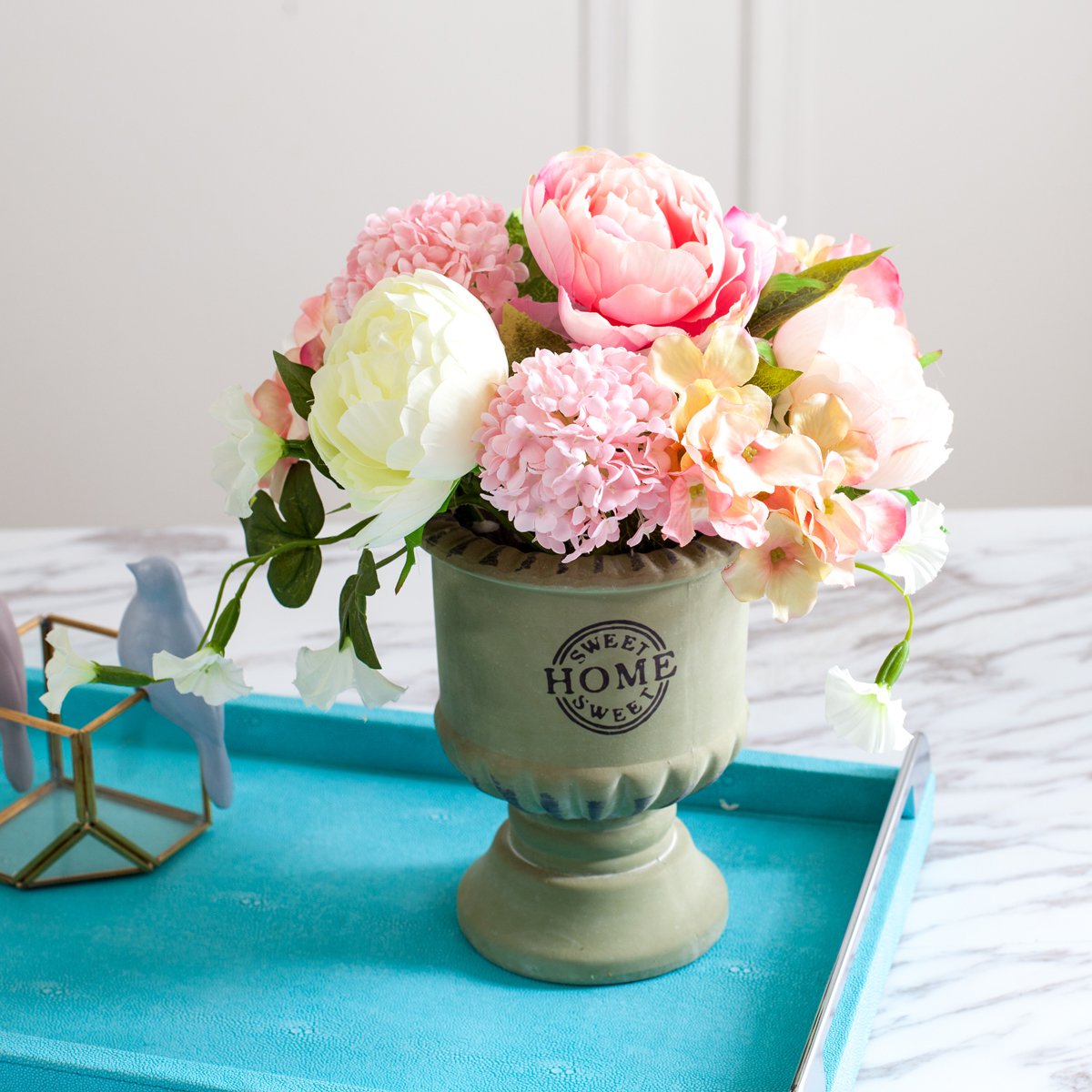 正想蔓城原创陶瓷花瓶牡丹花绣球花仿真花套装装饰花假花盆栽摆件