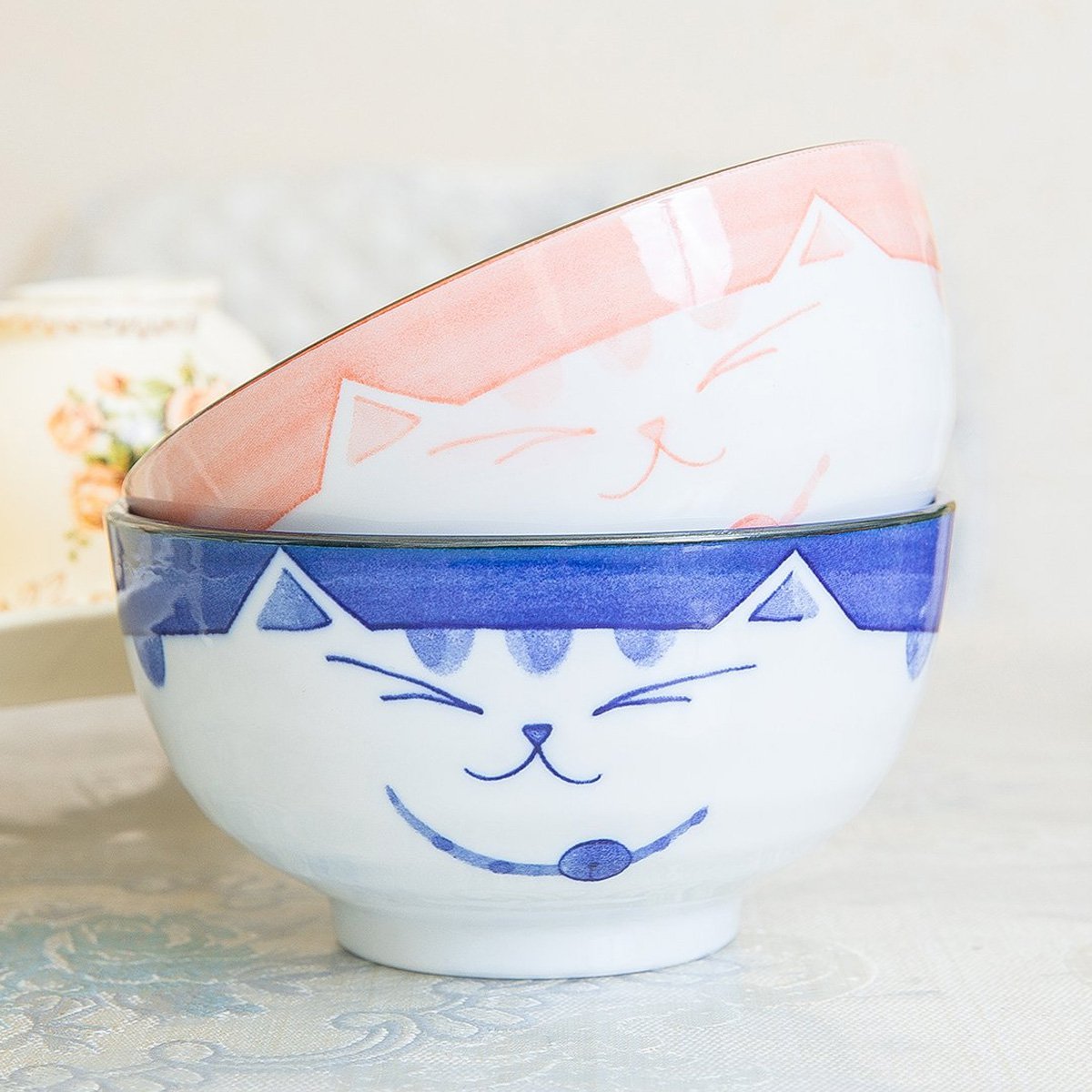 日本进口手绘可爱陶瓷笑脸猫碗