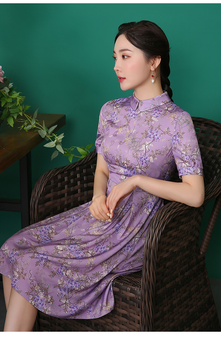2021年秋季款改良翻领中袖印花年轻款旗袍连衣裙女