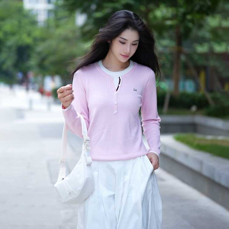 ELLE Active 【高智风假两件】圆领舒适亲肤透气针织衫女休闲通勤内搭T恤长袖