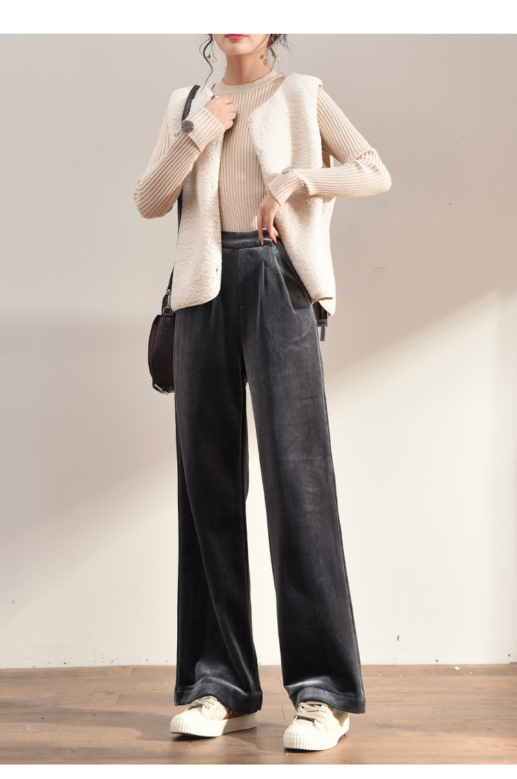 高腰加绒休闲金丝绒阔腿裤女秋冬新款简约垂感拖地裤宽松直筒长裤