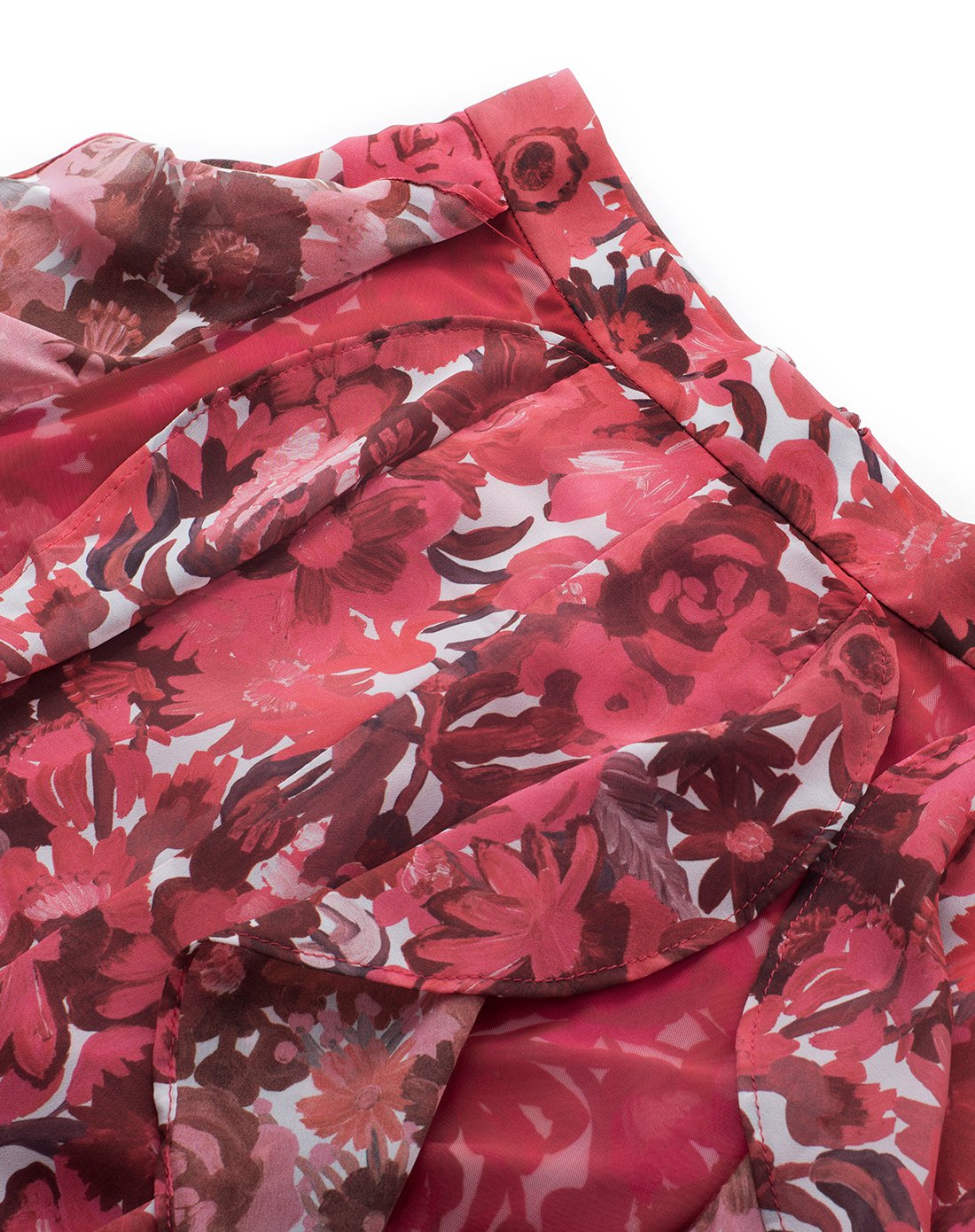 石榴集半身裙2018春夏新款荷叶边红色印花雪纺a字大摆中长裙