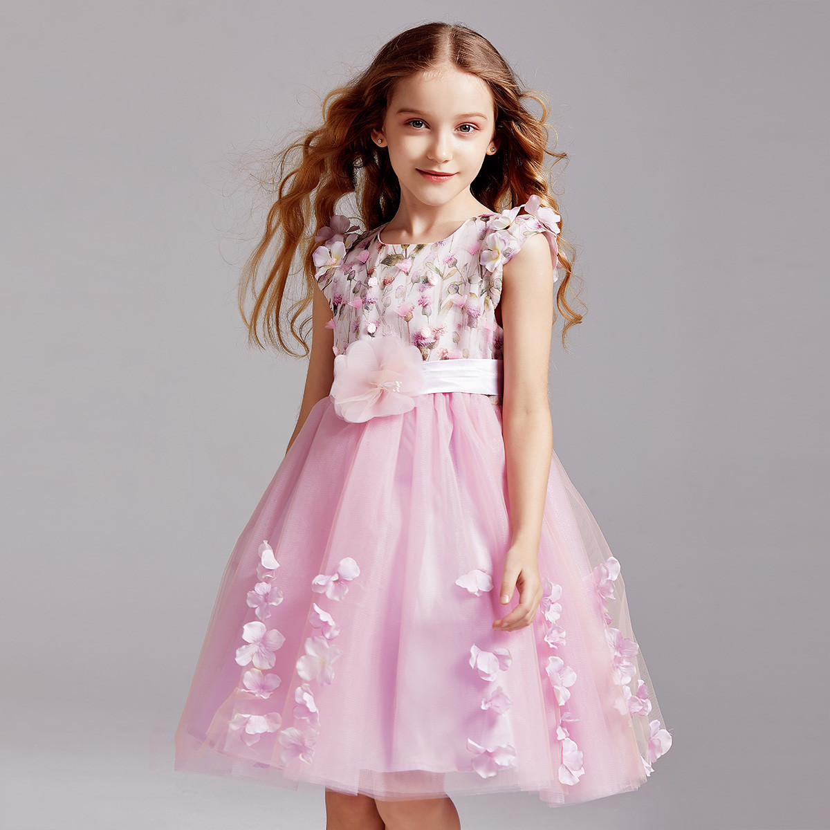 粉色礼服儿童花仙子高端婚纱小女孩公主裙花童表演走秀高贵