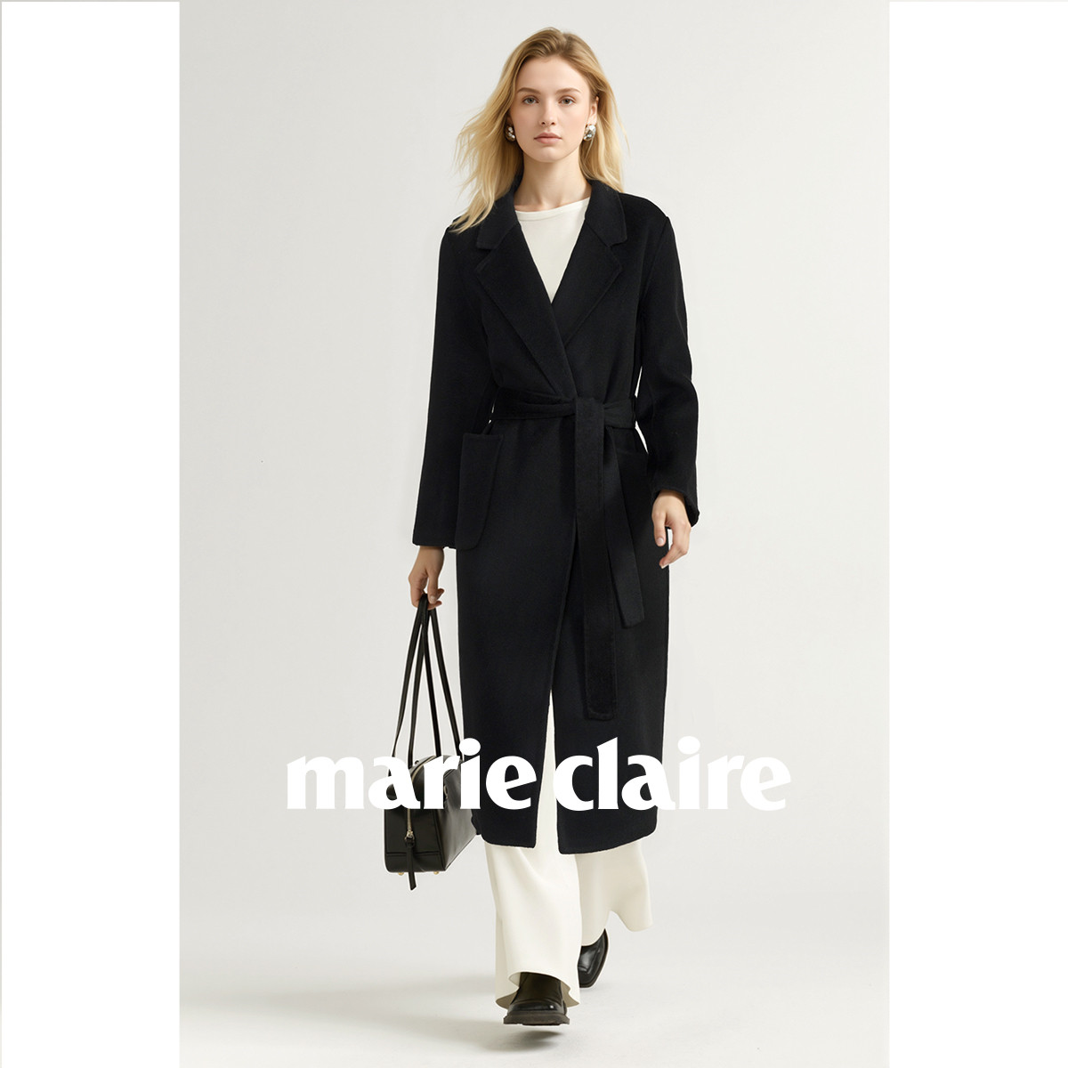 marie claire 【100%羊毛】经典西装领羊毛大衣长款秋冬偏修身款女式大衣