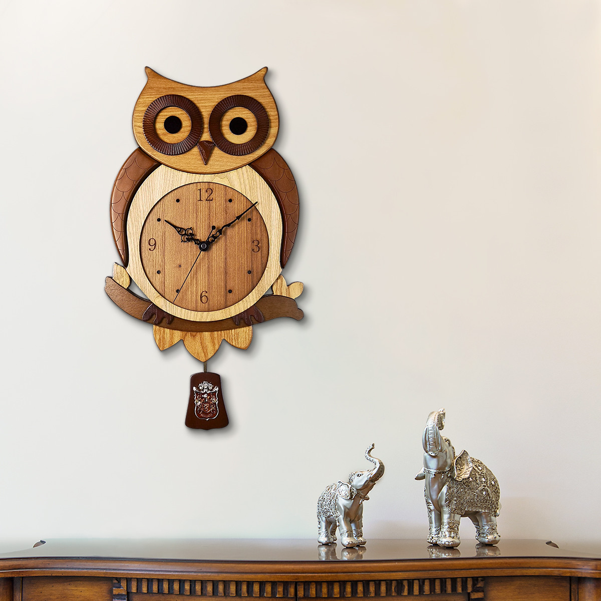 北极星猫头鹰实木钟表客厅挂钟复古艺术古典创意时钟猫头鹰挂表