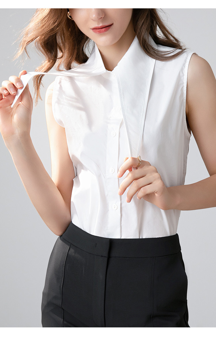 2021夏季新款法式复古兔耳朵尖领无袖白衬衫女