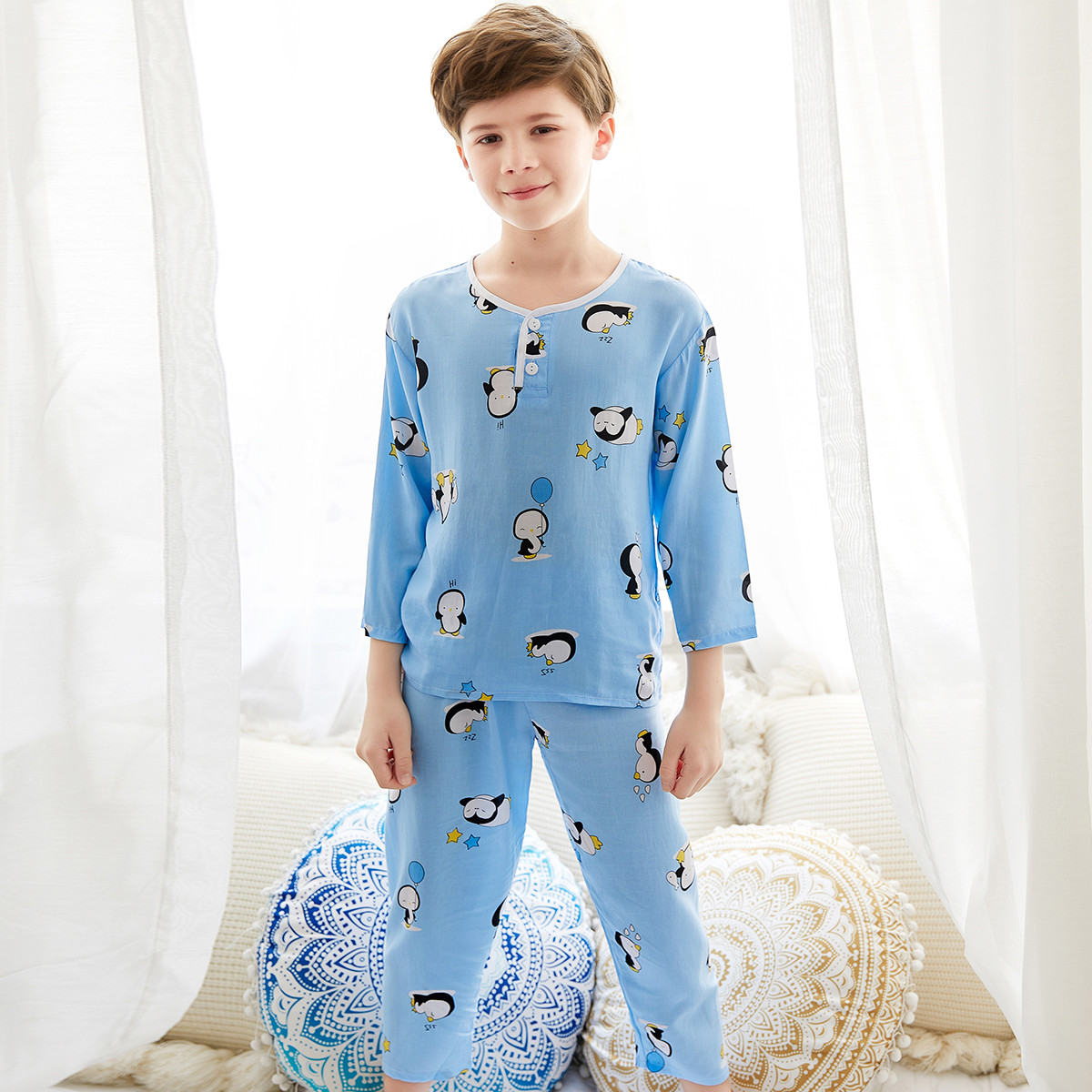 南极人儿童家居服男女童春夏薄款居家内衣打底衫中大童睡衣套装