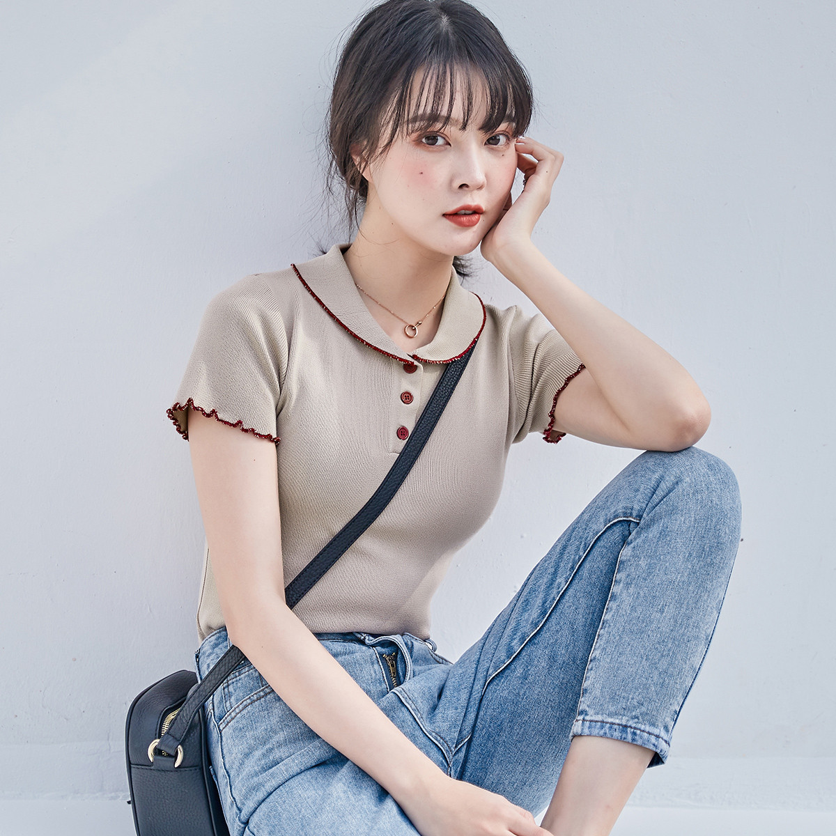 2020春夏新款娃娃领荷叶边短袖针织衫 女款短袖t恤女