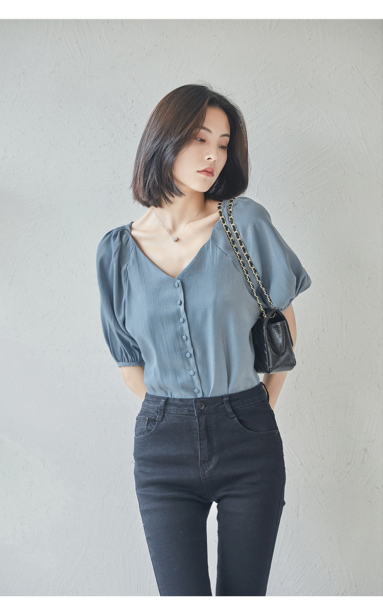 春夏新款v领泡泡袖桃心型领口五分缎面雪纺衫 女式t恤短袖女