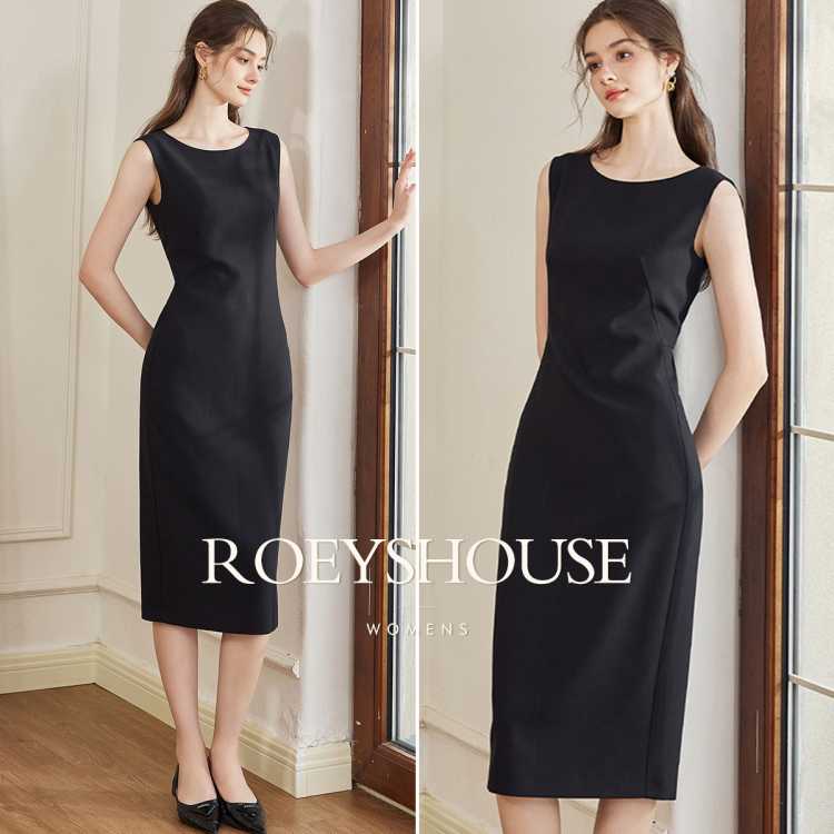 Roey s house 罗衣魔衣秋装气质修身无袖连衣裙女知性领证收腰中长裙