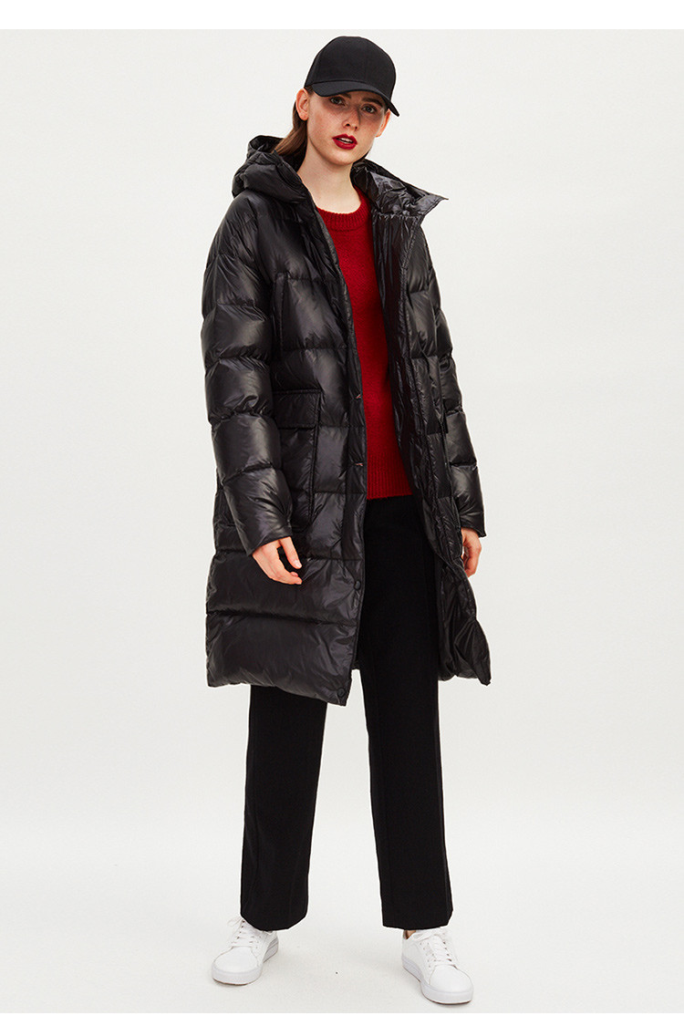 【加厚高蓬松白鹅绒】光泽面料h版型中长款羽绒服女 黑色 l