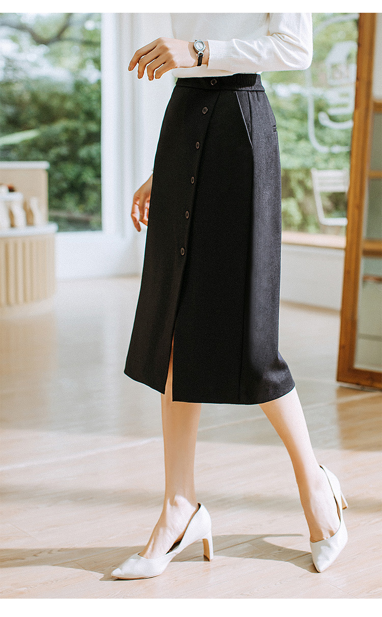 高腰中长款开叉一步裙半松紧腰包臀半身裙女