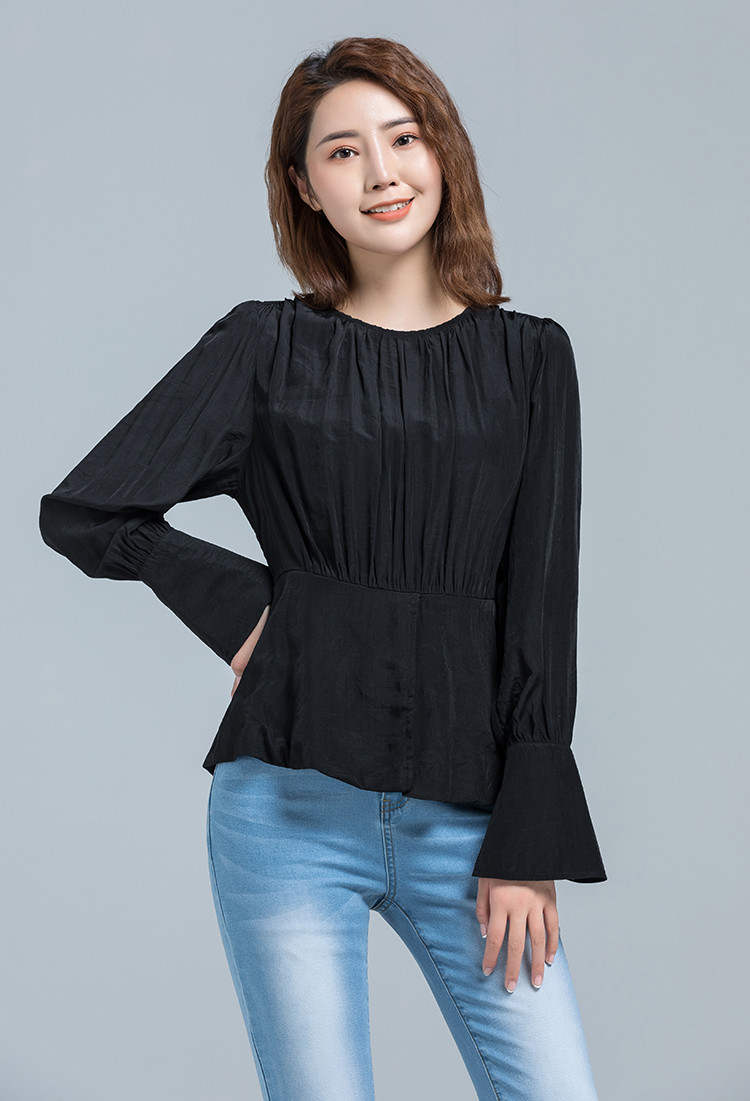 夏新品优雅复古简洁百搭女式衬衫清新减龄舒适显瘦马蹄袖套头上衣