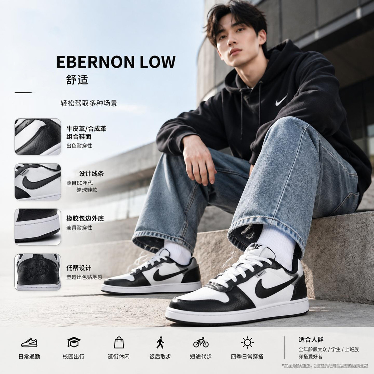 Nike EBERNON LOW低帮板鞋男鞋耐磨轻便运动鞋时尚休闲鞋