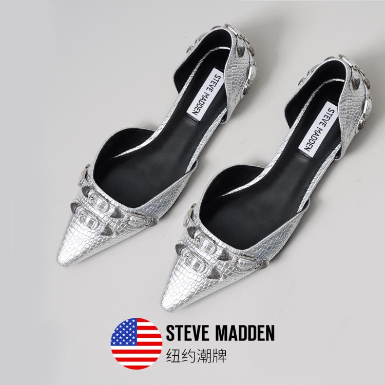 Steve Madden 思美登2024款酷飒单鞋朋克铆扣尖头浅口平底鞋dalia In Metallic