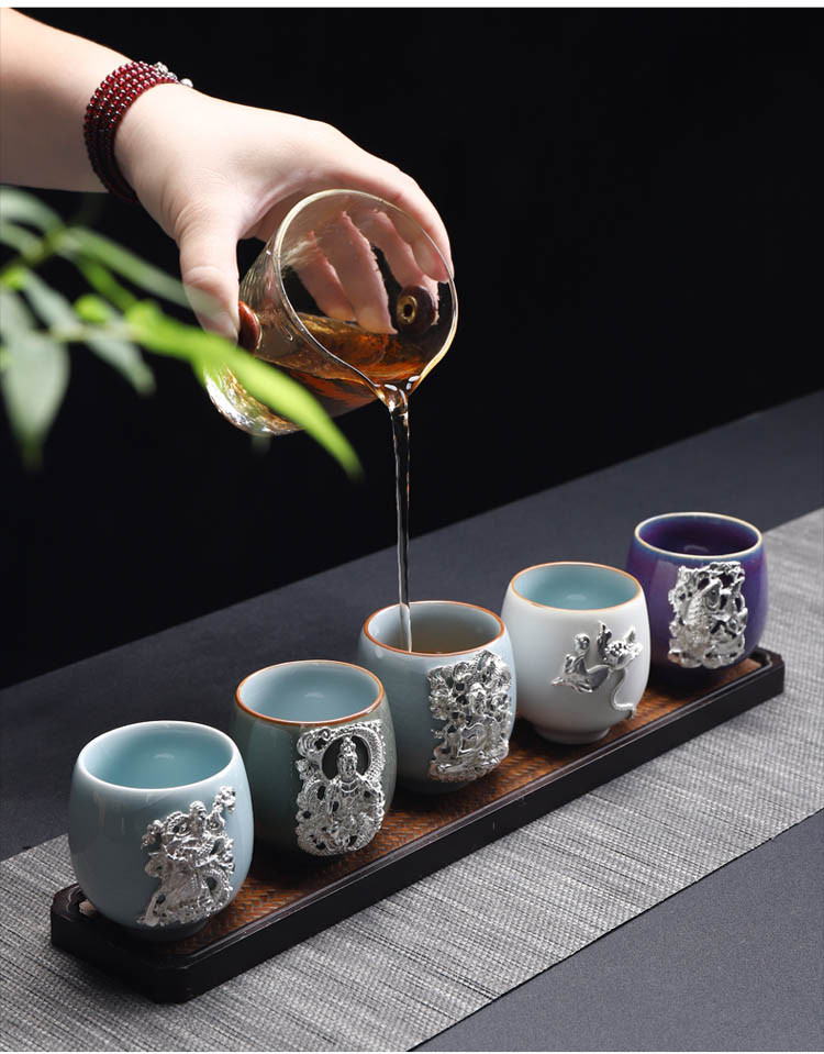 五大名窑白瓷定窑富贵银鱼杯茶具定制品茗杯主人杯单杯镶纯银茶杯