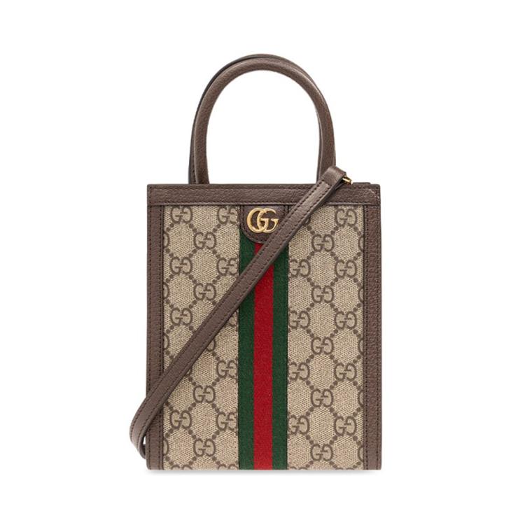 Gucci 【皮革饰边】男女复古双g红绿织带ophidia系列迷你单肩包 In Brown