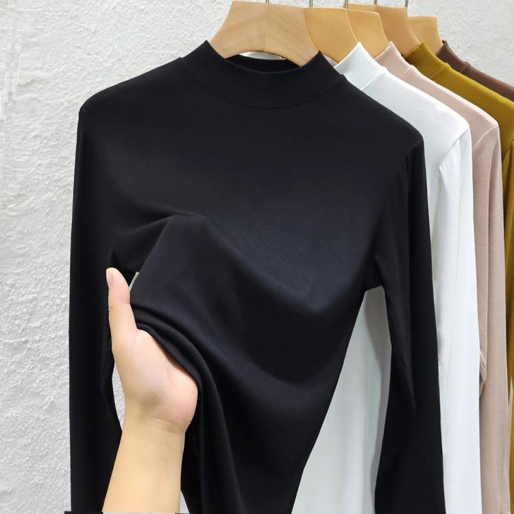 莫代尔 洋气打底衫女内搭西装秋冬季白色小立领半高领修身长袖T恤上衣