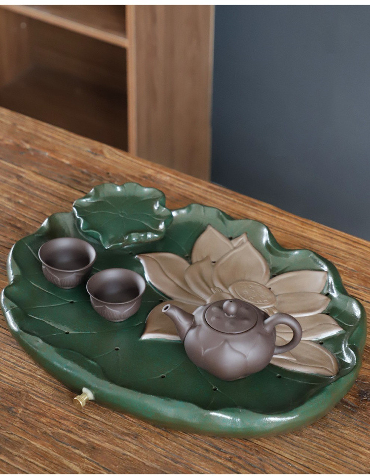 家用干泡台茶盘创意中式功夫茶具托盘陶瓷莲花储水排水双用茶海