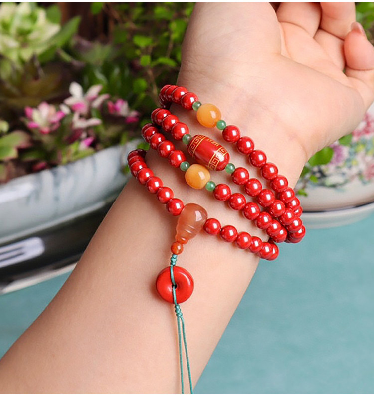 原矿朱砂帝王砂108颗佛珠搭配缅黄玉南红三通手链毛衣链