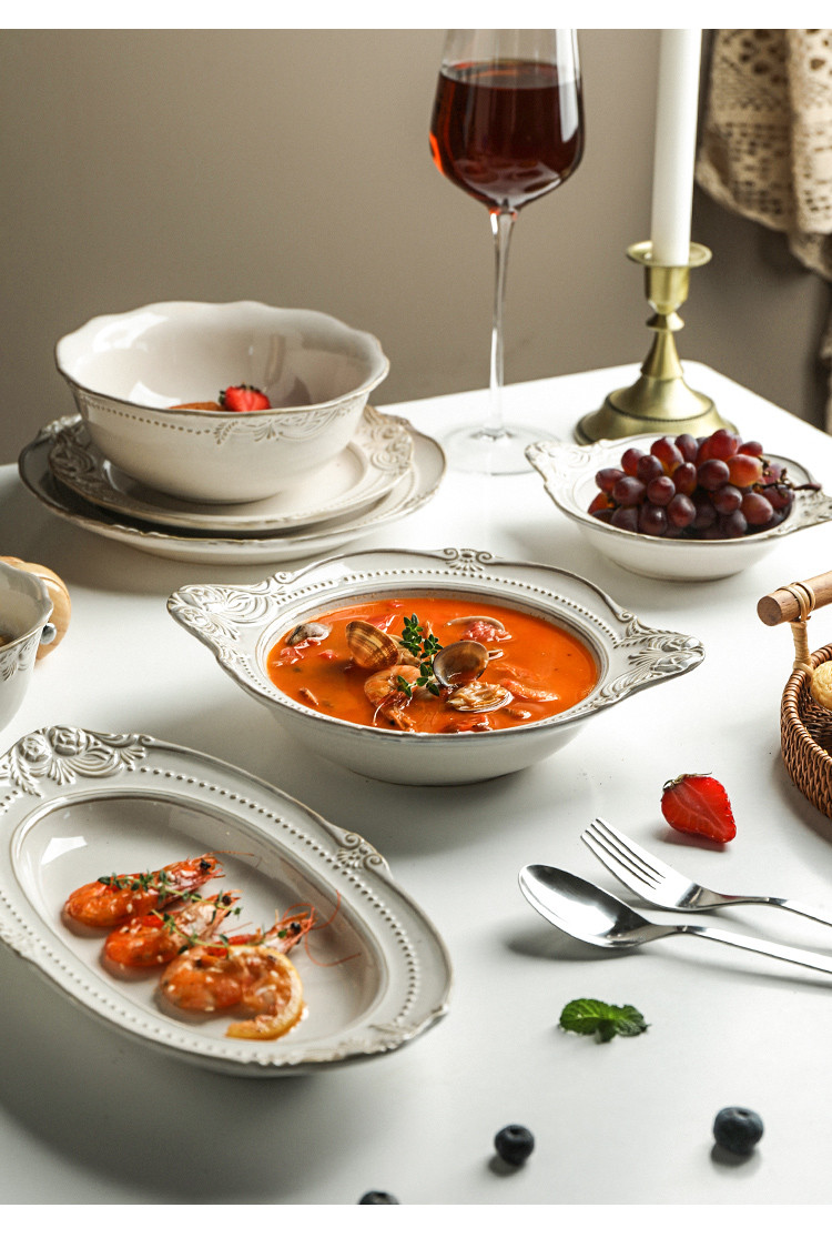 法式浮雕盘子家用西餐盘汤碗米饭碗创意平盘点心盘菜盘陶瓷餐具