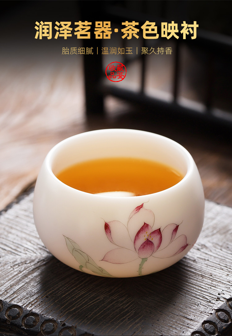 徐月兰手绘荷花茶杯德化羊脂玉瓷白瓷主人杯单杯陶瓷素烧女士茶杯