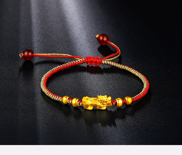 黄金手链 3d硬足金貔貅转运珠编绳女士红绳手链可调节