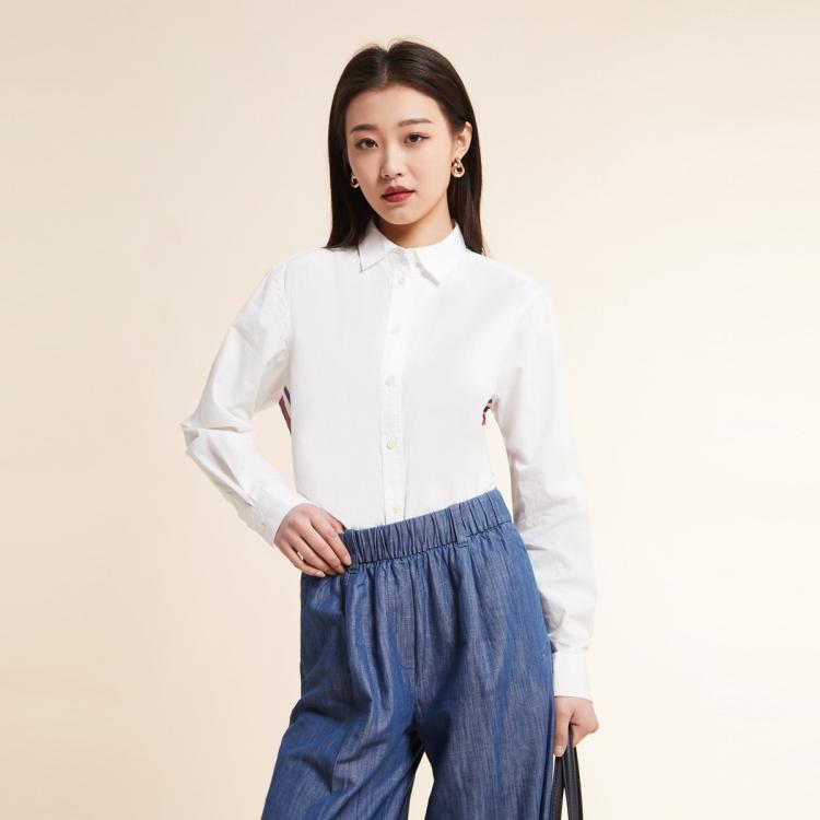 Tommy Hilfiger 秋冬女装纯棉白领拼色条纹翻领长袖衬衫外套35709 In White