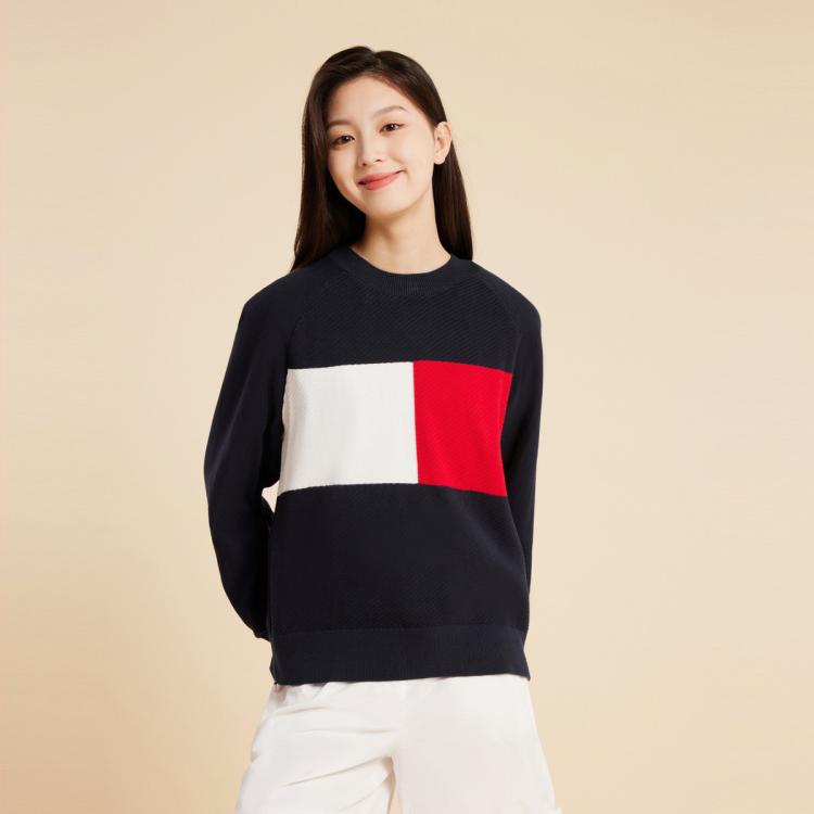 Tommy Hilfiger 女装纯棉通勤拼色合身圆领打底衫针织衫毛衣j2242 In Black