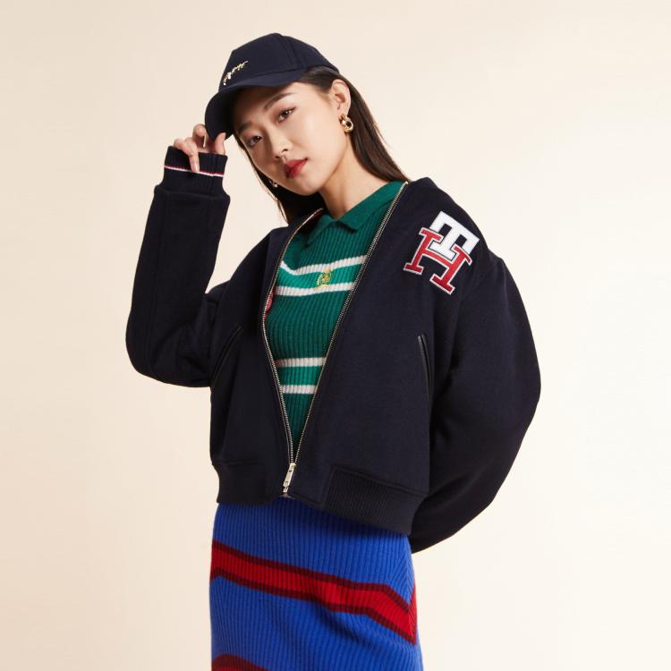 Tommy Hilfiger 女含羊毛学院刺绣棒球领毛呢铺棉夹克外套38777 In Blue