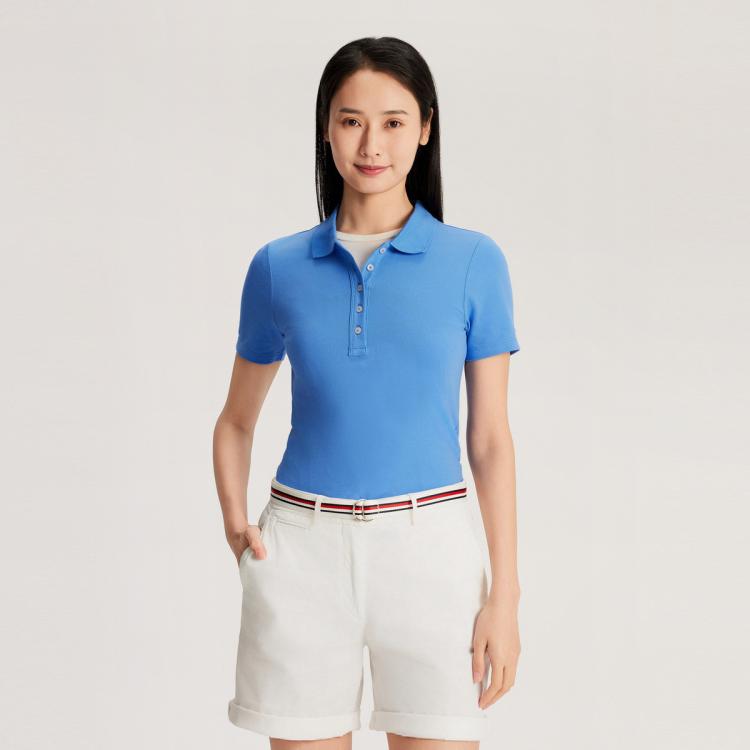 Tommy Hilfiger 【经典五粒扣】24夏女净色修身短袖t恤polo衫41890 In Blue