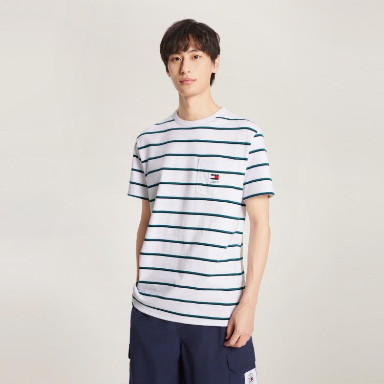 Tommy Hilfiger 【重磅厚实】tommy Jeans24夏男女情侣纯棉条纹针织短袖上衣18659 In White