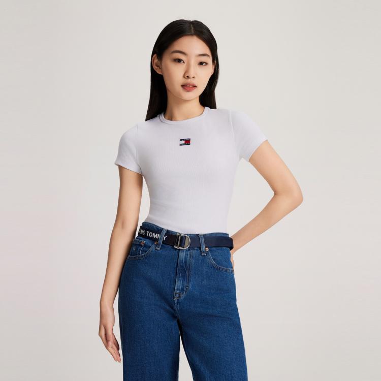 Tommy Hilfiger 【弹力修身】tommy Jeans 秋女螺纹刺绣打底针织短袖上衣17881 In White