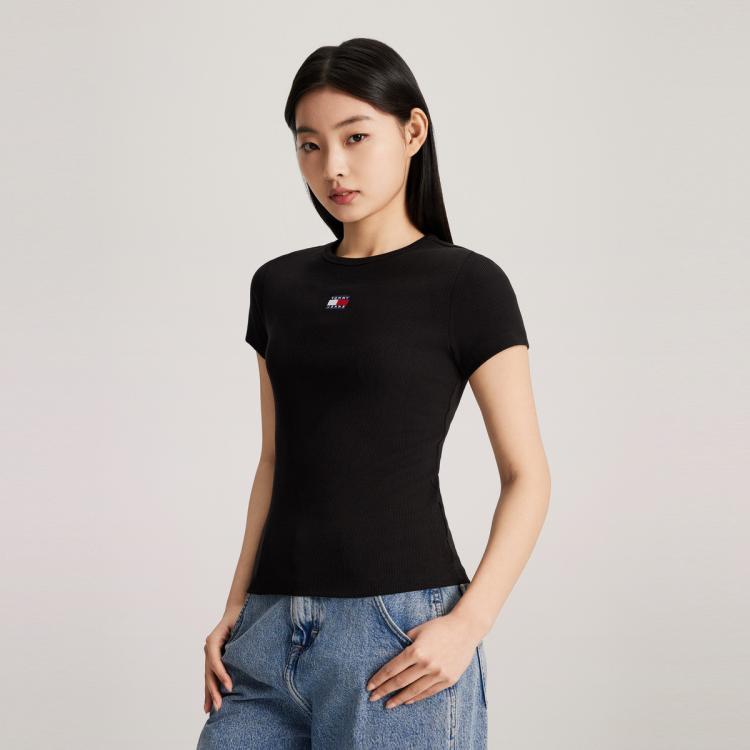 Tommy Hilfiger 【弹力修身】tommy Jeans 秋女螺纹刺绣打底针织短袖上衣17881 In Black