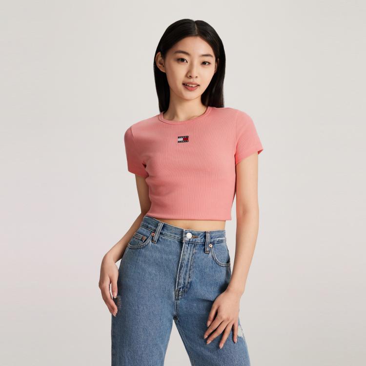 Tommy Hilfiger 【弹力修身】tommy Jeans 秋女螺纹刺绣打底针织短袖上衣17881 In Pink