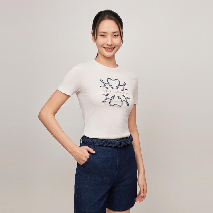 Tommy Hilfiger 女装纯棉缆绳印花舒适轻薄修身针织短袖t恤38433 In White