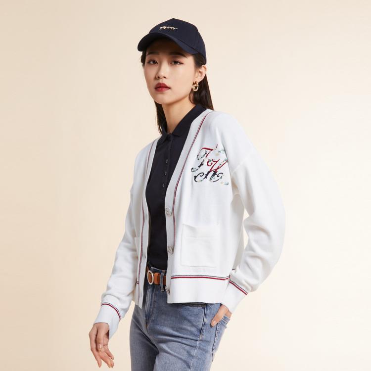 Tommy Hilfiger 女纯棉绚丽重工绣花宽松落肩针织毛衣外套38503 In Gray