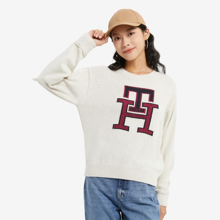 Tommy Hilfiger 魔力方女纯棉经典时尚字母提花套头针织衫36711 In White