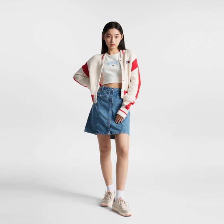 TOMMY HILFIGER Tommy Jeans 女复古拼色绞花刺绣棒球服合身针织外套DW0DW15856