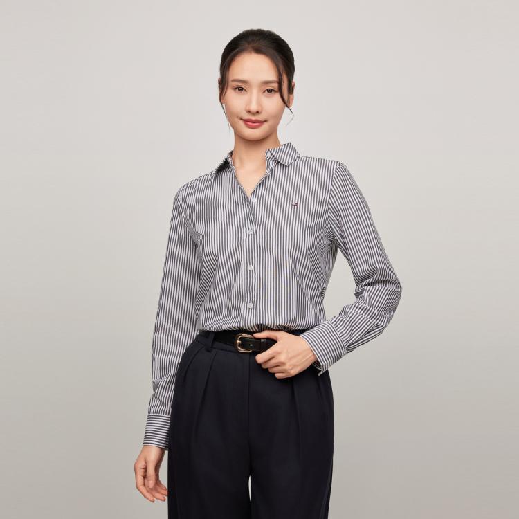 Tommy Hilfiger 女纯棉府绸通勤小绣标条纹长袖衬衫外套41002 In Gray