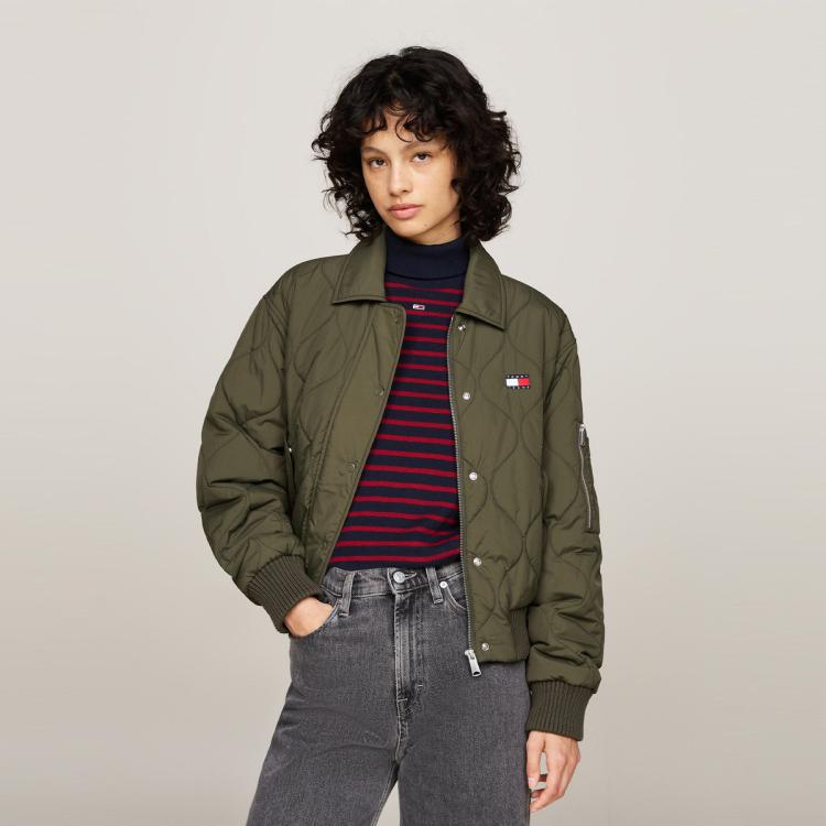 Tommy Hilfiger 【轻暖棉服】tommy Jeans24新款秋冬女绗缝翻领飞行铺棉夹克18839 In Green