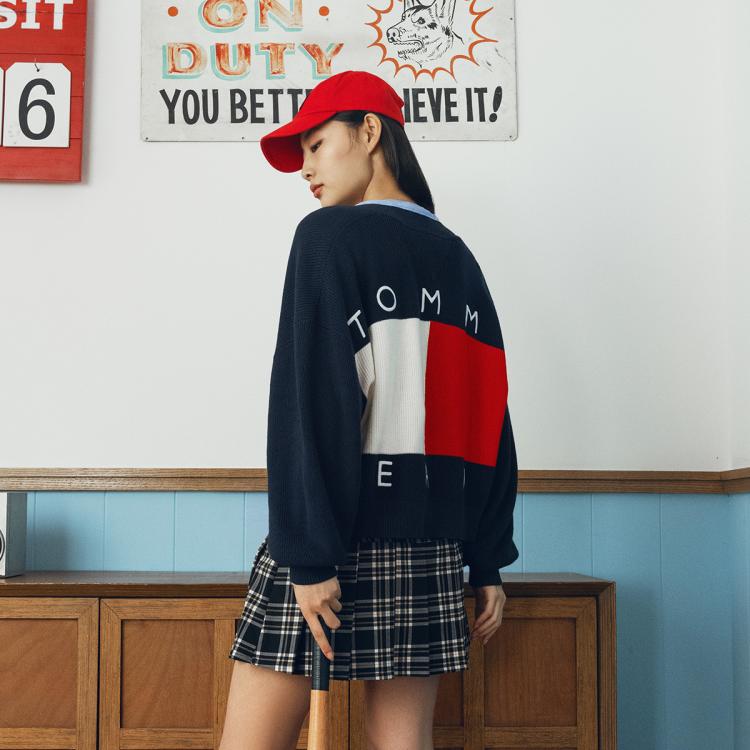 Tommy Hilfiger 【美式休闲】tommyhilfiger24秋冬女灯笼袖纯棉后背撞色开衫18335 In Blue