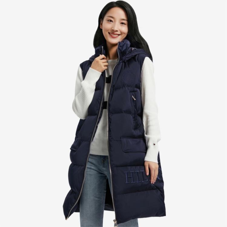 Tommy Hilfiger 【中长款羽绒】女刺绣绗缝保暖连帽羽绒背心36638 In Blue