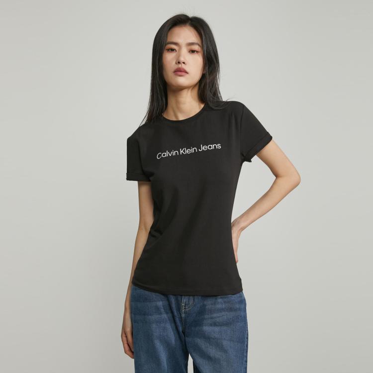 Calvin Klein Ck Jeans夏季女士通勤经典字母印花舒适微弹圆领短袖t恤j213892 In Black