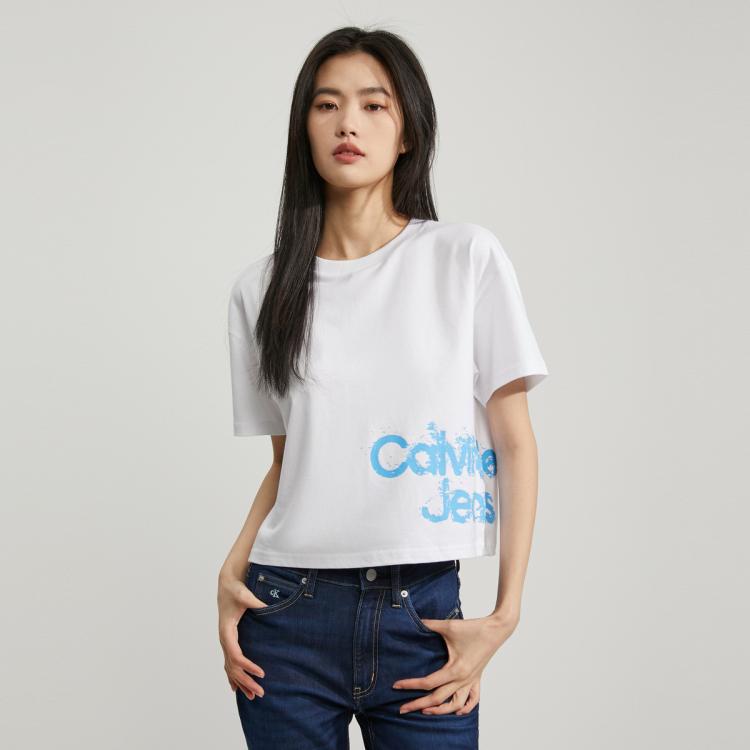 Calvin Klein Ck Jeans春季女士时尚涂鸦字母印花纯棉圆领短袖t恤j221851 In White
