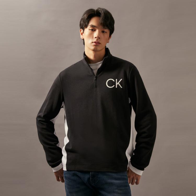 Calvin Klein Ck Jeans春秋男士简约拼接撞色印花拉链半襟立领卫衣40kc409 In Black